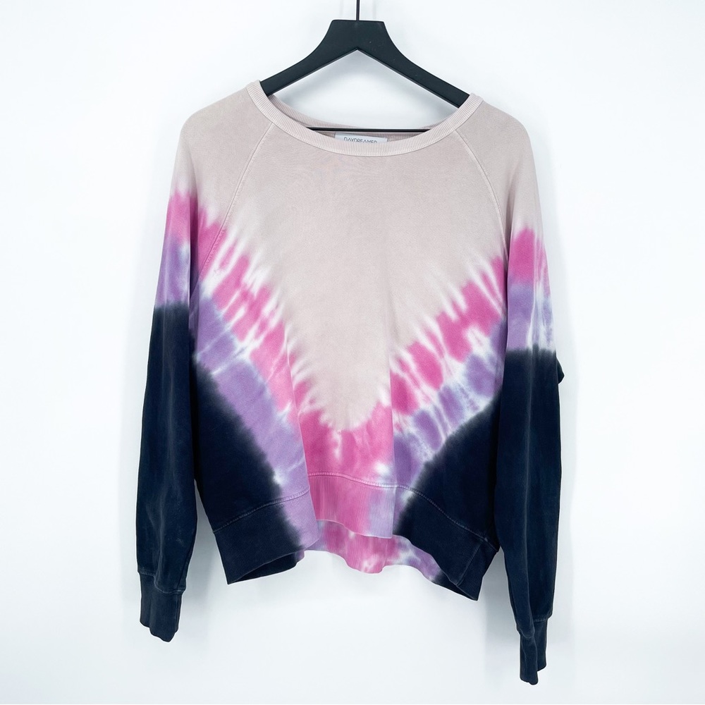 Daydreamer Flying V Varsity Tie Dye Sweatshirt in Violet Combo Medium